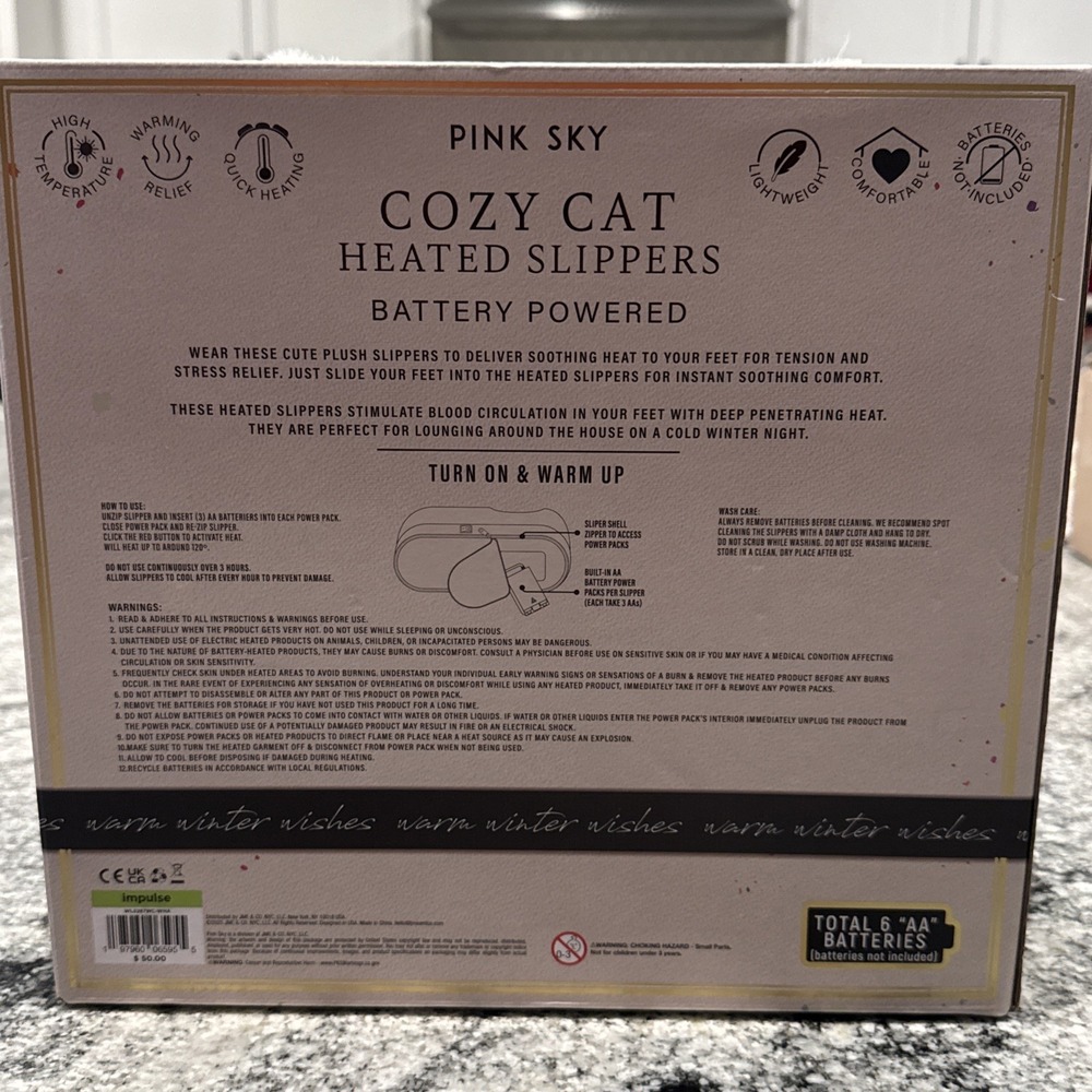 Pink Sky Cozy Cat Heated Slippers Battery Powered White New In Box - Picture 4 of 8